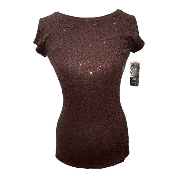 *NWT* INC International Concepts Brown Double Espresso Sequin Short Sleeve Top S - Picture 1 of 10
